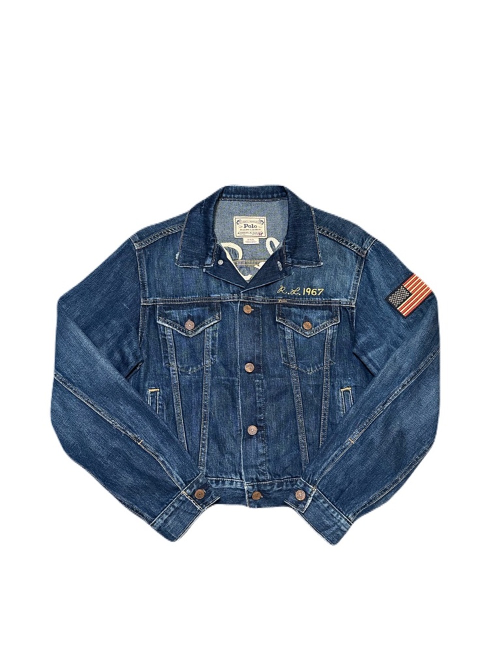 Polo Ralph Lauren RL 67 USA Flag Patch VTG Denim Jean Jacket Medium Embroidered